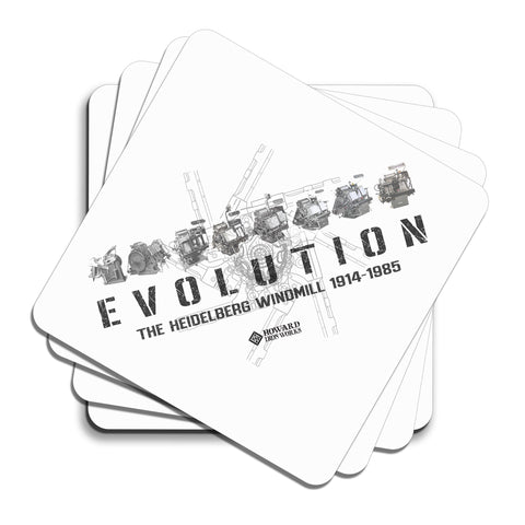 Howard Iron Works Printing Museum, Set of 4 Coasters, Cork Backing, Evolution of Heidelberg T Platen, White 