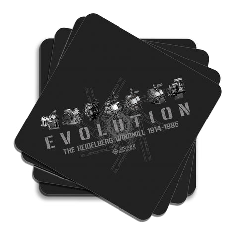 Howard Iron Works Printing Museum, Set of 4 Coasters, Cork Backing, Evolution of Heidelberg T Platen, Black